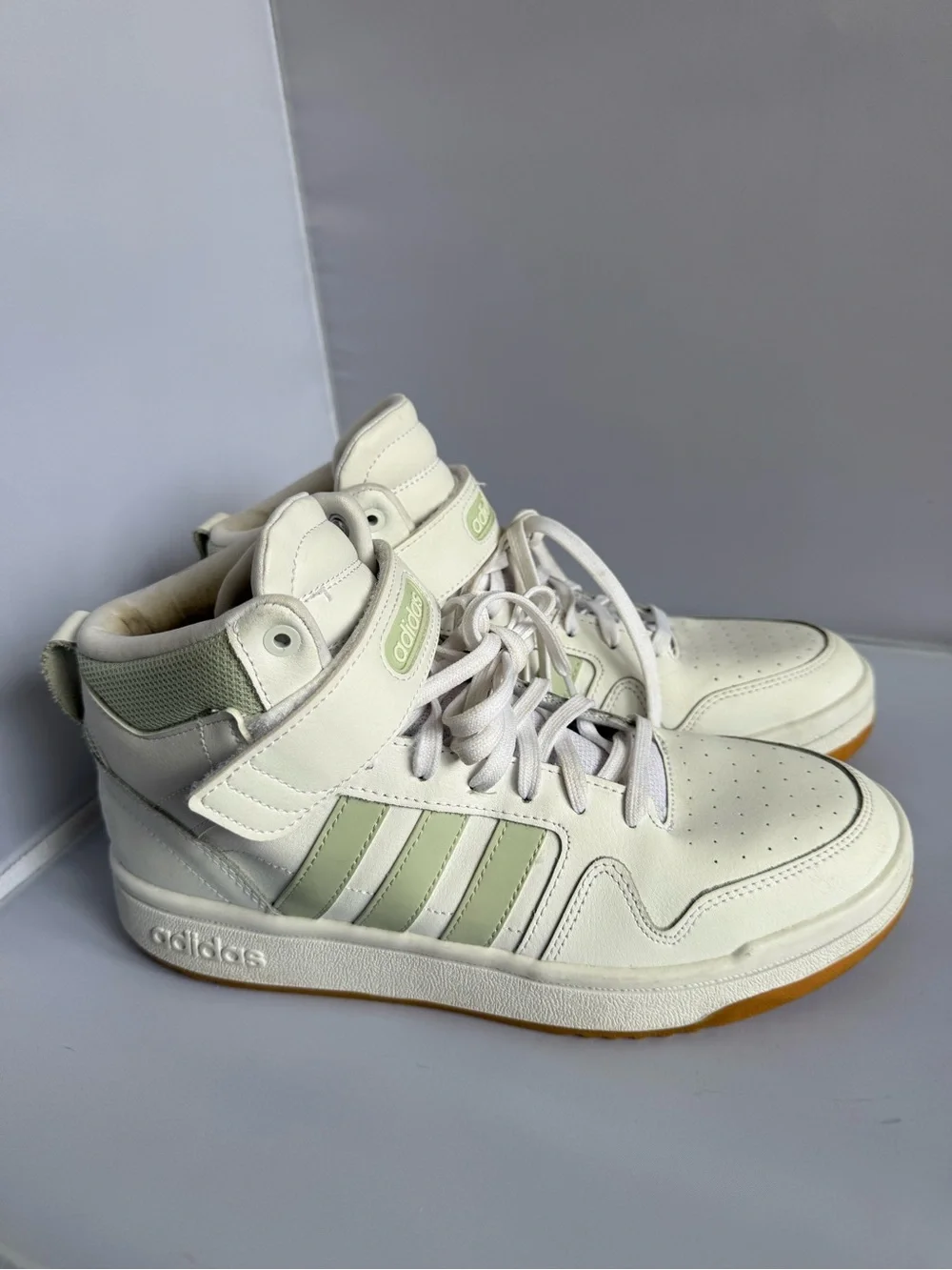 Adidas High-Top Sneakers in White and Sage Green Womens Size 10